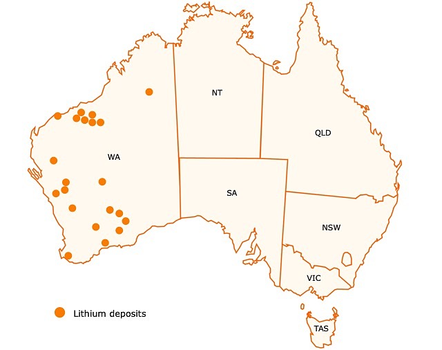 Lithium deposits in Australia map