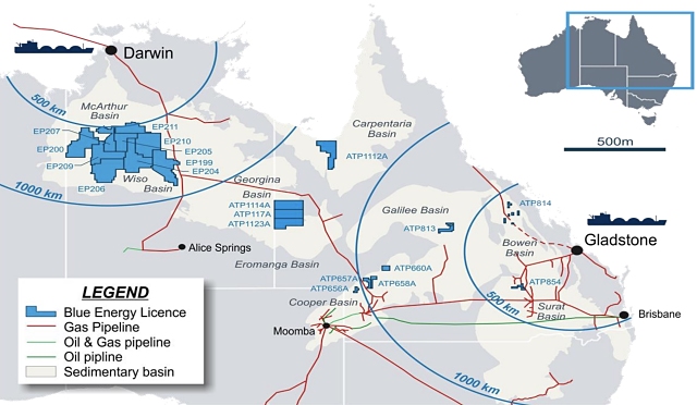 Blue Energy gas licence location map Australia