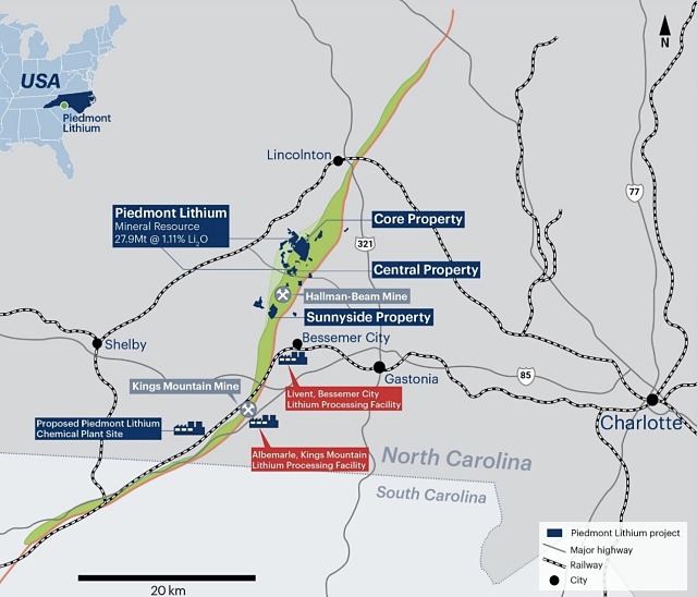 Piedmont Lithium project North Carolina map