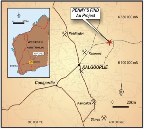 Penny's Find gold mine location map Western Australia